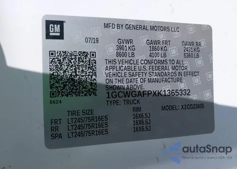 2019 Chevrolet Express 2500 Work Van z USA, uszkodzony, nr VIN 1GCWGAFPXK1365332